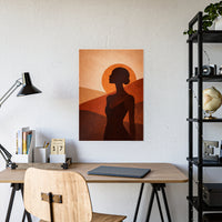 Terracotta Stillness silhouette poster hanging above a wooden desk in a home office