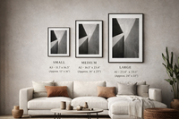 Poster size guide showing small, medium and large print sizes on a living room wall