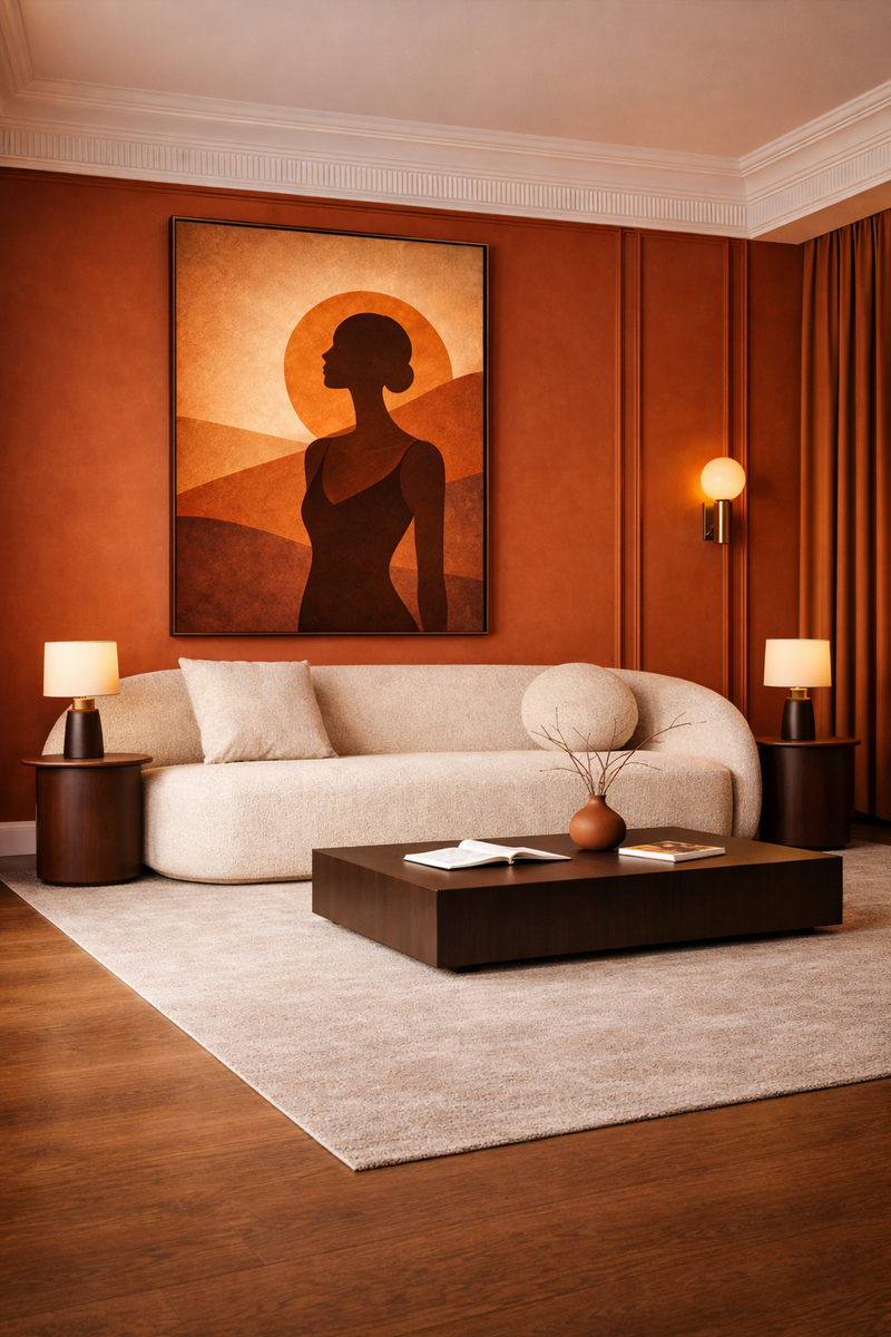 Large Terracotta Stillness wall art above a cream sofa in a warm terracotta living room