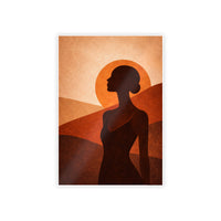 Terracotta Stillness poster: Black woman silhouette against a terracotta sun halo and layered desert hills
