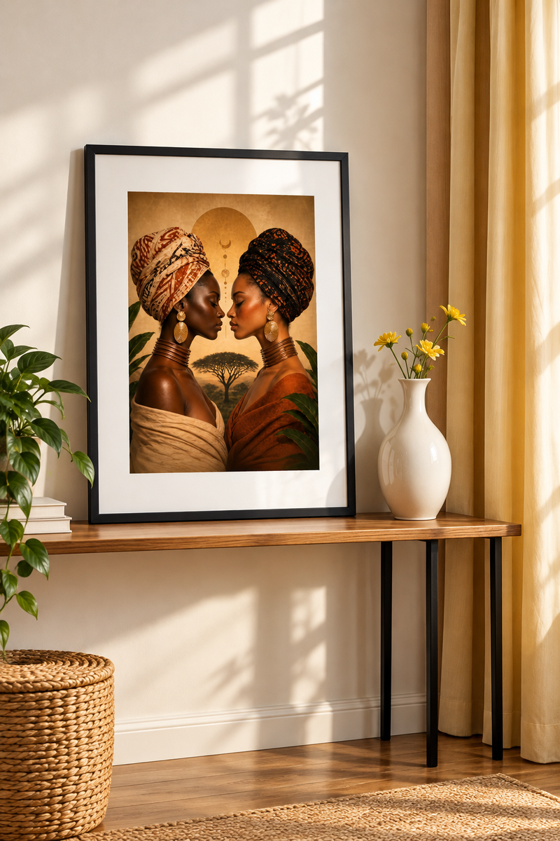 Afro Woman Duo print in a black frame on a wooden console table: two Black women in headwraps facing each other in terracotta tones