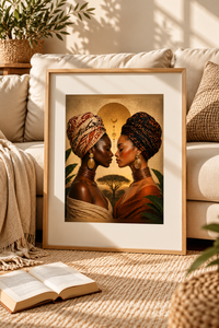 Afro Woman Duo art print in a natural wood frame leaning against a cream sofa beside an open book