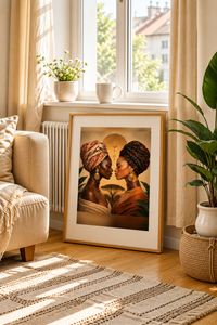 Afro Woman Duo terracotta portrait print leaning below a sunny window next to a cream armchair and plant
