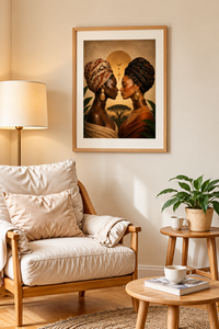 Afro Woman Duo framed wall art hanging above a cream armchair and side table in a warm living room