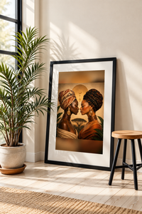 Afro Woman Duo print in a black frame leaning on the floor beside a potted palm and wooden stool